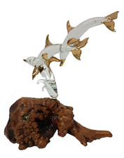 Vintage Two Glass Sharks On Large Wood Base 22 Kt Gold Clear Figurine Statue picture