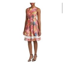 Belle Badgley Mischka Dress Women's 8 Orange Multi Reed Pleated Sleeveless Lined picture