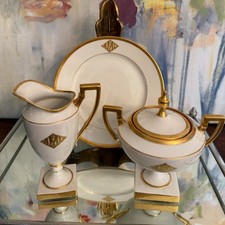 Antique French Limoges Porcelain 6-Pc Set |Gilded Gold Monogram Tea & Dessert picture