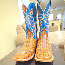 Alfa Western Blue & Rustic Brown caiman neck square toed boots picture