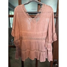 South Main Womens Mauve Boho Lace Trim Tiered Crinkle Gauze Peasant Top Large picture