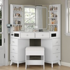 Corner Vanity Desk with Bluetooth Speaker, LED Mirror & Makeup Storage picture