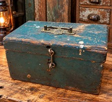 Primitive Wood Box Trunk Tool Box Green Paint Wooden Antique picture