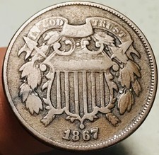 1867 Two Cent Piece 2C Ungraded Choice DOUBLE DIE OBVERSE US Copper Coin CC28221 picture