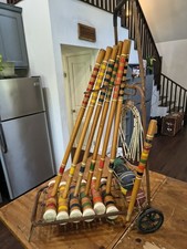Vintage 6 Player Wooden Croquet Set Wheeled Caddy Used picture