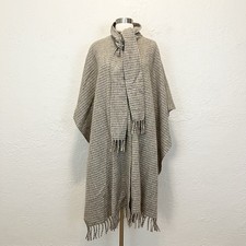 Vintage Wool Poncho Beige Tan Boho Western Fringe Cape Academia Preppy OS picture