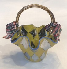 VTG MACKENZIE-CHILDS HAND PAINTED 4.5” HARLEQUIN BASKET ORIGINAL RIBBONS & LABEL picture