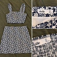Elodie Navy White Retro Mod Daisy Print 2-Piece Skirt Set M/S picture