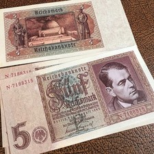 1945 Germany 3rd Reich 5 RM (Reichsmark) banknote UNC, Albert Speer picture