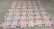 Vintage 1930s 1940s Double Wedding Ring Quilt Hand Stitched 87x76 Pink picture