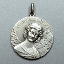 Smiling Angel, Cathedral of Reims. Antique Pendant. Silver Medal by Émile Dropsy picture