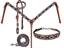 Showman Leather Headstall & Breast Collar Set w/ Beaded Southwest Design picture