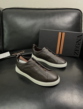 Men's Zegna Triple Stitch Dark Brown Leather Slip On Casual Sneakers picture