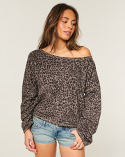  Hollister Easy Off-the-Shoulder Leopard Print Terry Sweatshirt🔥 No Import Fee picture