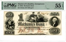 1850s $1 Obsolete Banknote Mechanics Bank, DC, Georgetown 55 EPQ PMG 2372052-008 picture