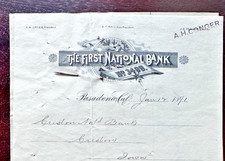 1891 FIRST NATIONAL BANK PASADENA, CA + CRESTON NATIONAL BANK IA BANK DOCUMENTS picture
