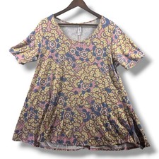 LuLaRoe Perfect T Tunic XL Pink Yellow Blue Floral Fan Geometric Short Sleeve picture