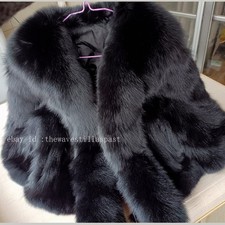 100% Real Fox Fur Coat Women's Fur Short Overcoat Jacket Black with Two Tail picture