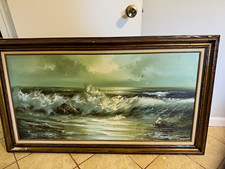 Nissan Engel Signed Framed Large Realism Seascape Ocean Waves Seagulls Canvas picture