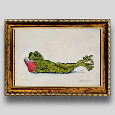 Original Frog Oil Painting Reading Book Framed 6x4 Wood Panel Signed Handmade picture