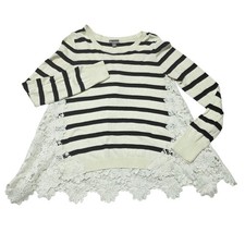 Chelsea 28 Striped Lace Trimmed Sweater Women Medium Black Cream Knit picture