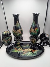 Vintage Fuzhou Black Lacquer Smoking Set & Vase Pair Flying Horse Shan Shui... picture