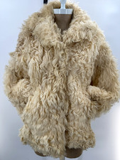Vintage 70s Ivory Curly Mongolian Lamb Fur Shearling Sheepskin Jacket Coat Sz S picture