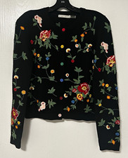 Alice + Olivia Floral Embroidered 99% Wool Cardigan Black Multicolor Size Small picture