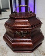 Vintage Octagon Mahogany Wooden Storage Box Brass Handle Key Grandmillennial picture