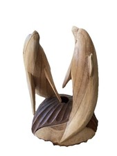 Vtg Hand Carved Wood Dolphins Single Candle Holder Nautical Centerpiece Handmade picture