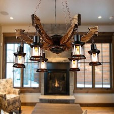 Kitchen Island Chandelier Rustic Wood Pendant Lamp 6-Light Hanging Ceiling Light picture