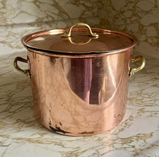 Vintage Small Copper Stock Pot With Lid & Brass Handles Patina Rustic Kitchen picture