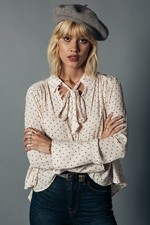 Free People Modern Muse Tie Front Top Polka Dot Cream Blouse Bell Sleeve XS picture