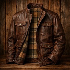 Men’s Vintage Genuine Lambskin Leather Distressed Brown Cafe Racer Jacket picture