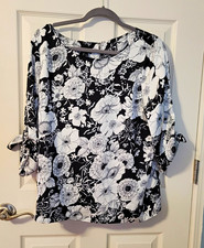 Talbots Black White Floral Tie-Sleeve Blouse XLP Petite Crepe Keyhole Top picture