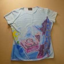 VTG Fendi Jeans Record Player T-Shirt It 46 US 12 Roma Amor Turntable Top Italy picture