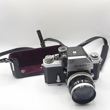 Nikon F Silver/black Vintage SLR Film Camera w/ Nikkor Nikon 35mm Lens & Case picture
