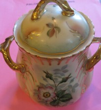 Jean Pouyat~Limoges France Sugar Bowl~ANTIQUE 1850~Floral~Gold Trim W lid FREE H picture