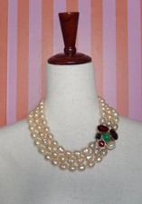 Vintage Ciner Baroque Pearl Triple Strand Cabochon Clasp Gripoix Necklace picture