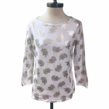 TALBOTS Womens White Metallic Gold Leaf Top SMALL Glam Coastal Summer Resort NEW picture
