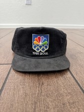 Vintage 1988 Seoul Olympics NBC Corduroy Snapback Hat Made USA Black 80s picture