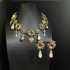 Victorian Baroque Pearl Jewelry Set Antique Gold Estate Necklace Earrings picture