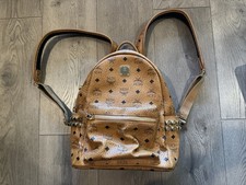 MCM Stark Visetos Backpack Cognac Brown Studded Logo Leather Trim Black Inside picture