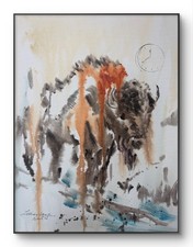 Neal Original 11x14 Expressionist Bison Charging Acrylic Painting Signed Wall picture