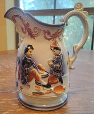 ANTIQUE HAND PAINTED EARTHENWARE FLOW BLUE COPPER LUSTER PITCHER CIRCA 1850 NICE picture