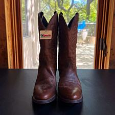 Laredo Men's Brown Leather Western Pull-On Boots, Embroidered Mid-Calf Round Toe picture