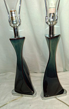 Vintage MCM 1980s Postmodern Twisted Ceramic Table Lamps Pair Chrome Base 22 picture