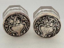 2 ANTIQUE ART NOUVEAU sterling tops glass vanity jars LADY FLOWING HAIR REPOUSSE picture
