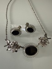 Vtg Star Art Sterling Silver Black Onyx Rose Floral Necklace Earrings Set MCM⁠ picture