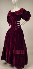 UNUSUAL VICTORIAN RED SILK VELVET DRESS W RIBBON CORSET WAIST + PUFF SLEEVES picture